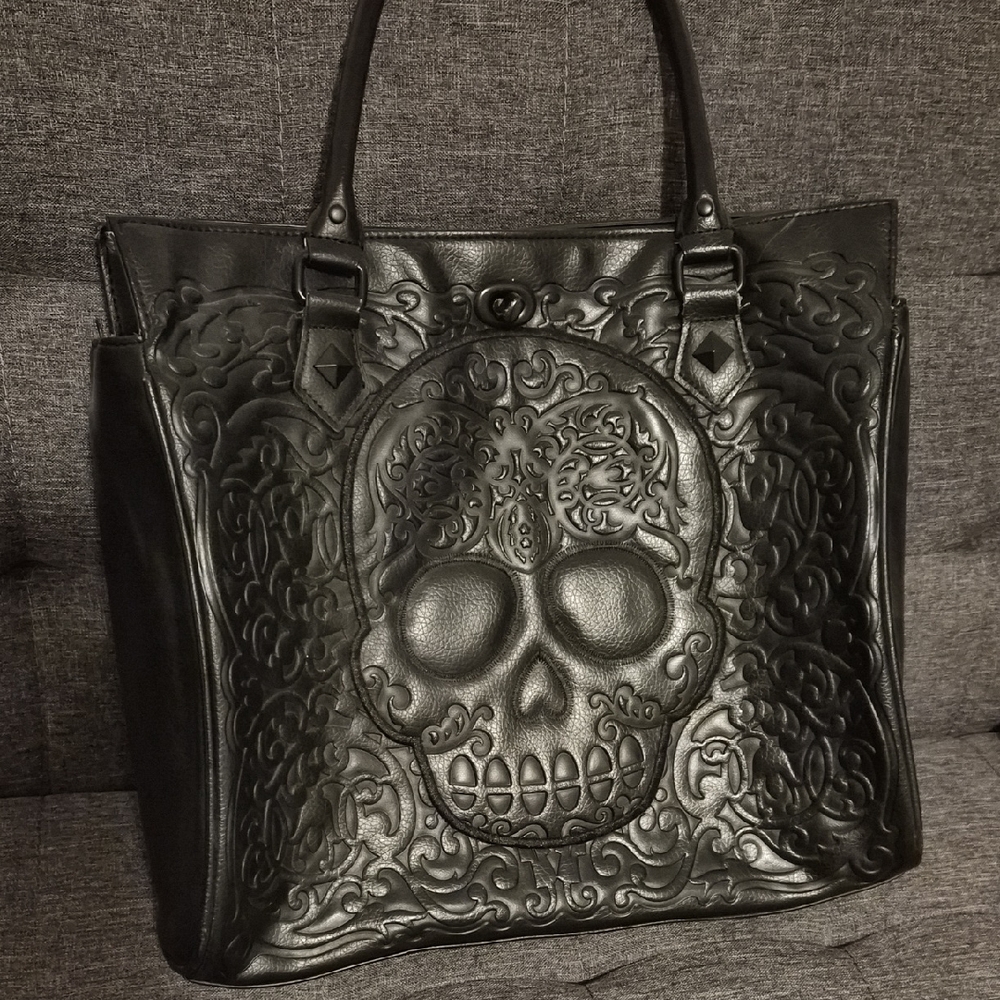 Black Embossed Skull Tote Bag